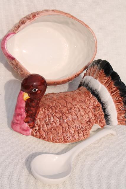 80s 90s vintage Taiwan ceramic turkey dishes for Thanksgiving, soup tureen and candle holders