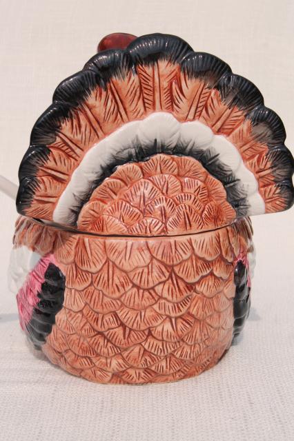 80s 90s vintage Taiwan ceramic turkey dishes for Thanksgiving, soup tureen and candle holders