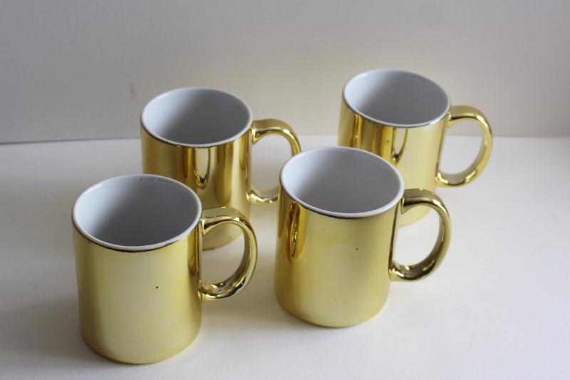 80s 90s vintage ceramic coffee mugs w/ gold metallic foil color, set of cups made in Taiwan