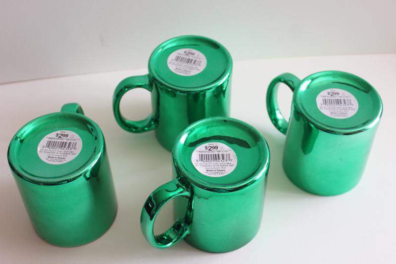 80s 90s vintage ceramic coffee mugs w/ green metallic foil color, set of cups made in Taiwan