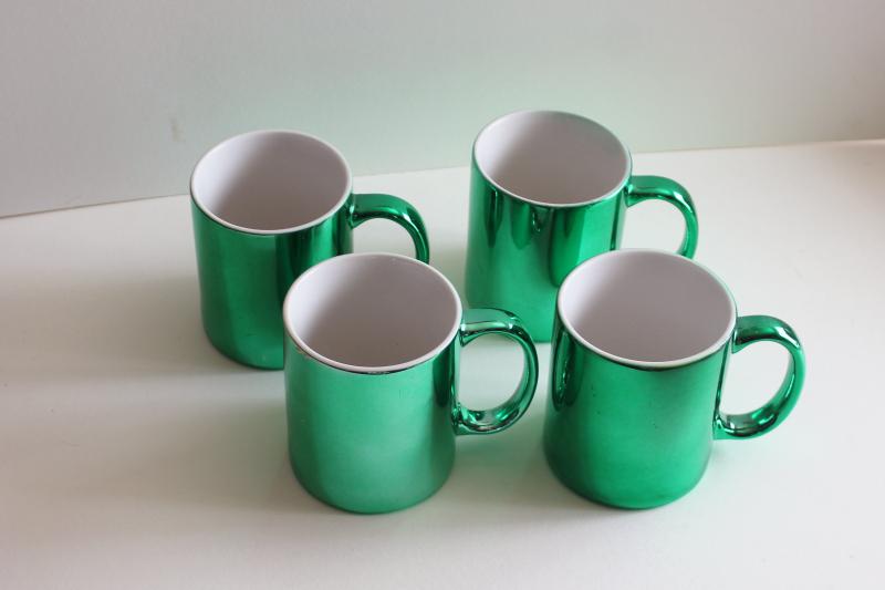 80s 90s vintage ceramic coffee mugs w/ green metallic foil color, set of cups made in Taiwan