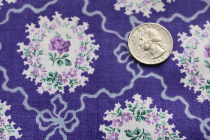 80s 90s vintage cotton print fabric, Victorian lace bouquets of violets on purple