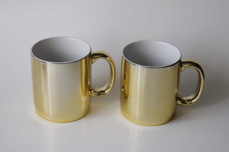 80s 90s vintage gold metallic foil ceramic coffee mugs, holiday tableware made in Taiwan
