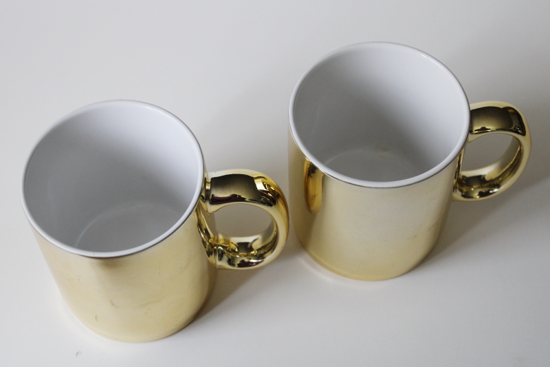 80s 90s vintage gold metallic foil ceramic coffee mugs, holiday tableware made in Taiwan