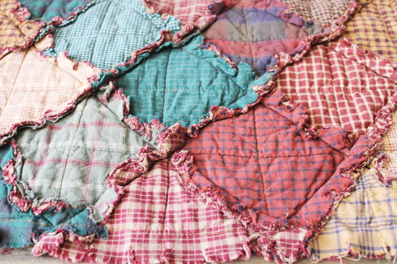 80s 90s vintage rag quilt cotton patchwork table runner, primitive country colors plaid