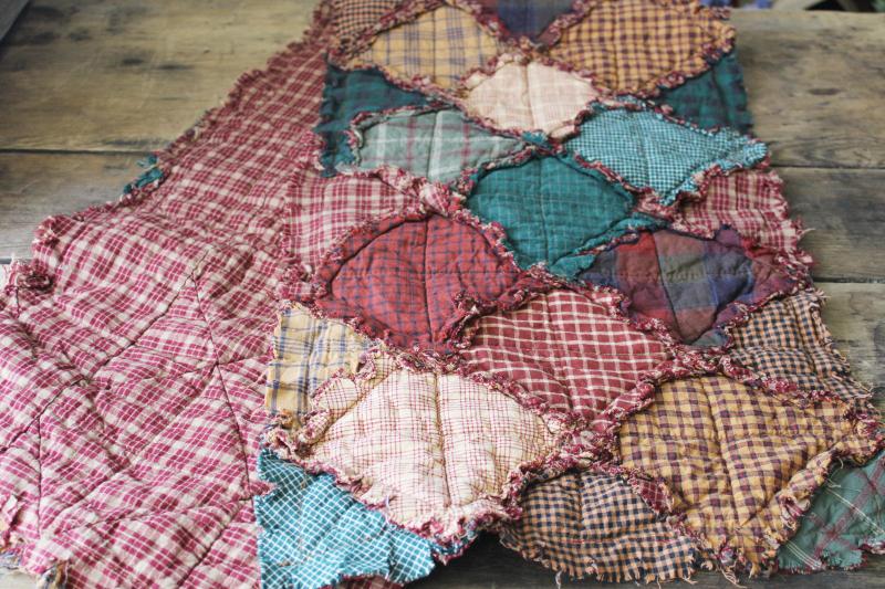 80s 90s vintage rag quilt cotton patchwork table runner, primitive country colors plaid