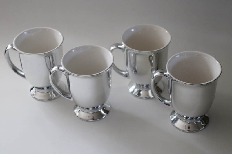80s 90s vintage silver metallic foil ceramic tall cups style coffee mugs, holiday tableware set