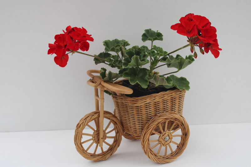 80s 90s vintage wicker basket tricycle planter, garden tractor cart to hold a flower pot