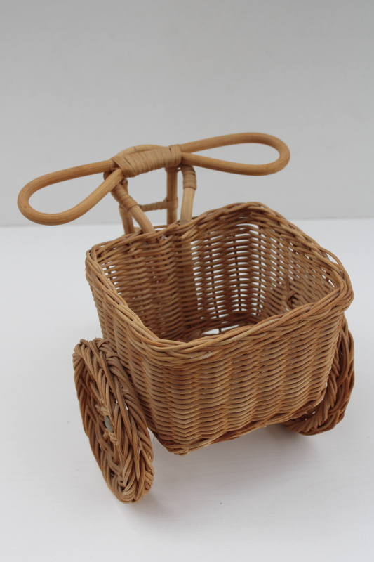 80s 90s vintage wicker basket tricycle planter, garden tractor cart to hold a flower pot