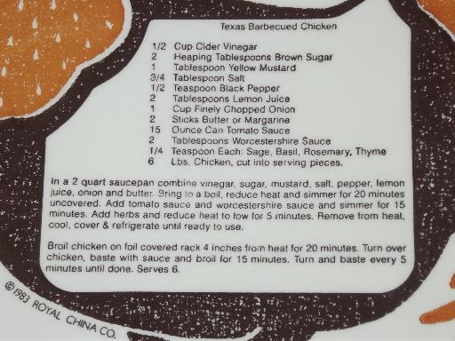 80s retro Texas Barbecue chicken platter, Royal china  Bar-B-Q recipe plate