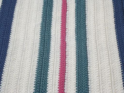 80s retro striped crochet afghan blanket, denim blue, rose and teal green