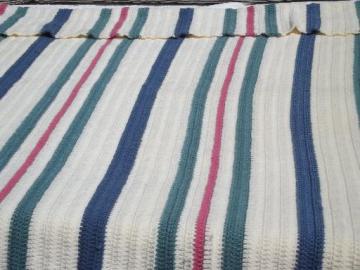 80s retro striped crochet afghan blanket, denim blue, rose and teal green