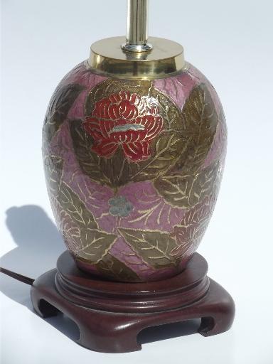 80s solid brass table lamp, pink floral cloisonne or champleve enamel?