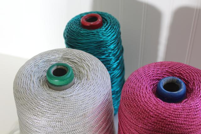 80s sparkly metallic gift wrap package tying cord, jade green, silver, pink ribbon spools