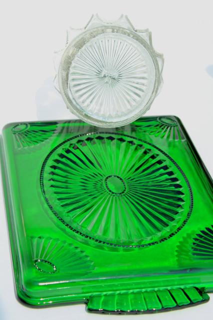 80s vintage Avon emerald accent green & clear glass decanter, glasses, tray set