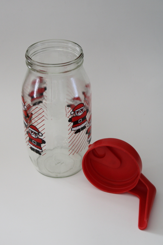 80s vintage Christmas pitcher, Carlton Ware glass jar w/ Santa print, plastic screw lid