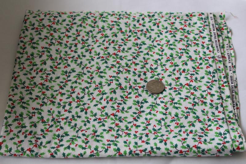 80s vintage Cranston Print Works cotton fabric Christmas holly red green tiny print on white