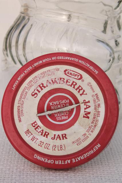 80s vintage Kraft jelly jar w/ teddy bear shape, glass jam jar coin bank