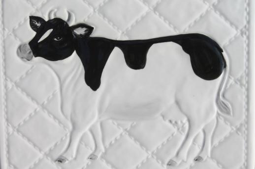 80s vintage Otagiri ceramic kitchen board w/ holstein cow, OMC label