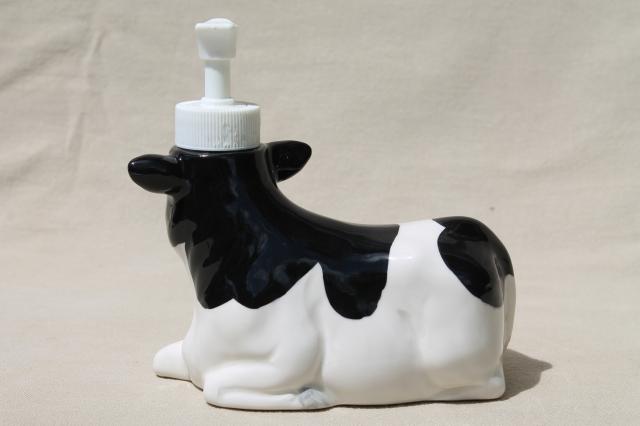 80s vintage Otagiri holstein cow liquid hand pump soap dispenser for country kitchen sink