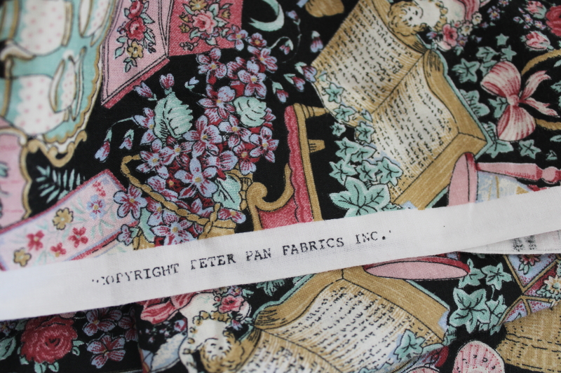 80s vintage Peter Pan cotton fabric, Victorian knick-knacks print on black background