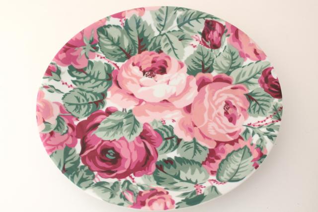 80s vintage Portugal ceramic dinnerware set, Block china Rose Garden pink floral