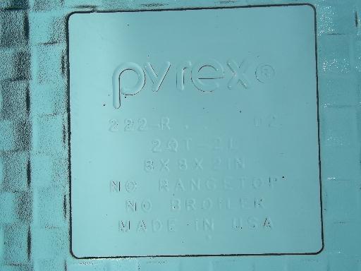 80s vintage Pyrex square baking pan, clear aqua teal green basket weave