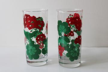 80s vintage Summer Fantasy red geranium floral print drinking glasses, tall tumblers
