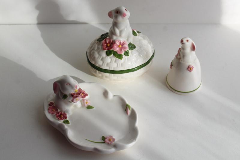80s vintage Weiss Brazil for Avon Easter egg, bunnies pin tray, china bell