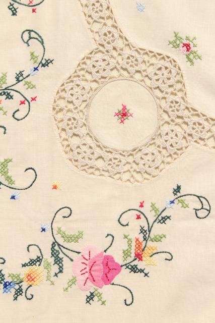 80s vintage applique cotton lace tablecloth & napkins, mint w/ original ...