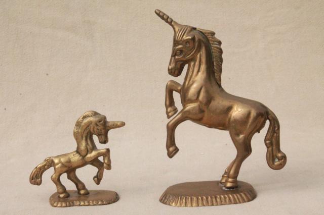 80s vintage brass animals, large & small unicorn figurines, fantasy unicorn  mother & baby