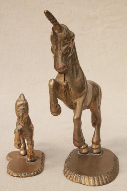 80s vintage brass animals, large & small unicorn figurines, fantasy unicorn mother & baby