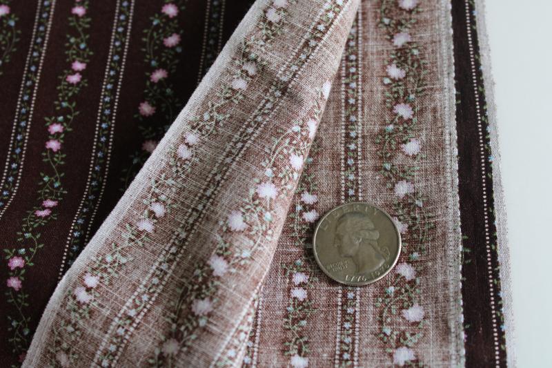 80s vintage calico cotton fabric, prairie girl floral stripe pink on dark brown
