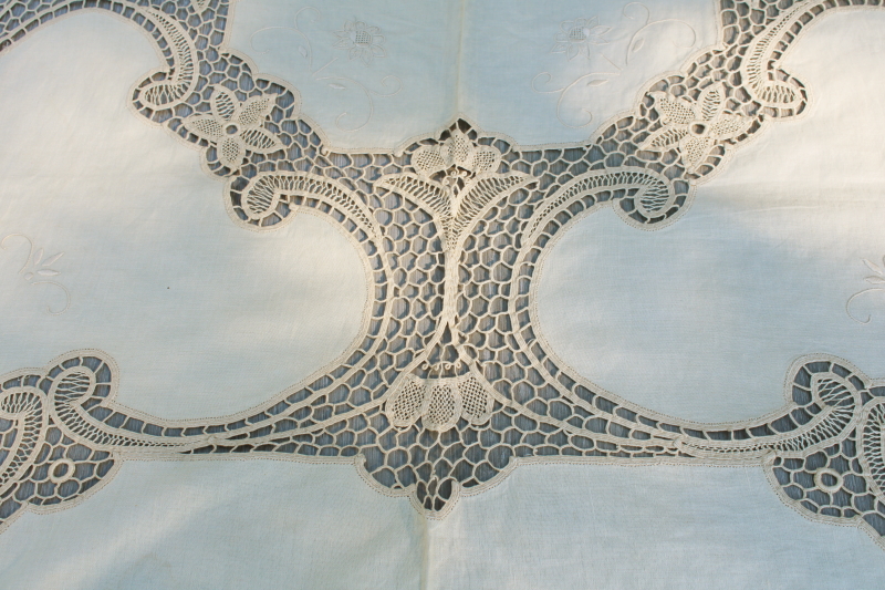 80s vintage cotton banquet tablecloth w/ old linen color battenburg lace, madeira type embroidery