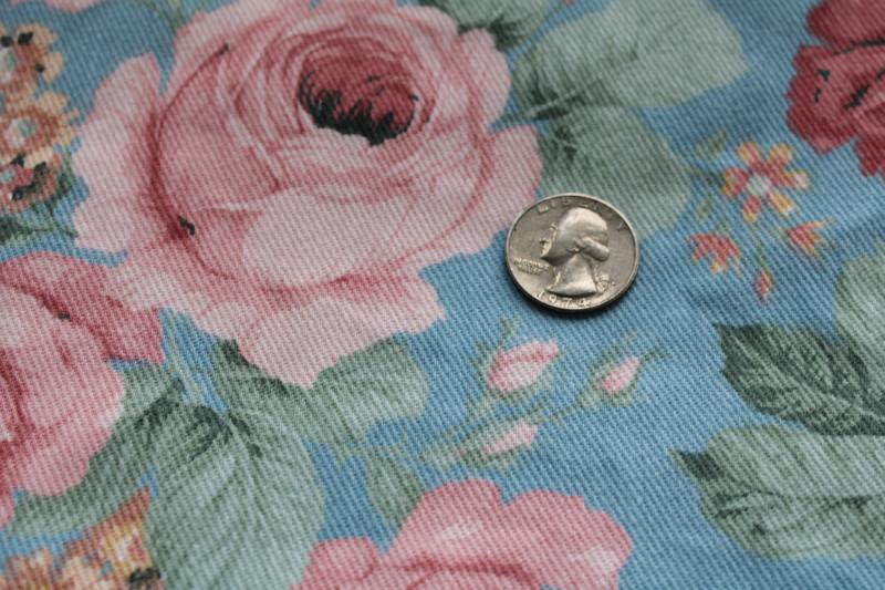 80s vintage cotton denim fabric, pink cabbage roses floral print girly retro!