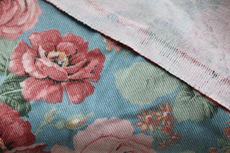 80s vintage cotton denim fabric, pink cabbage roses floral print girly retro!