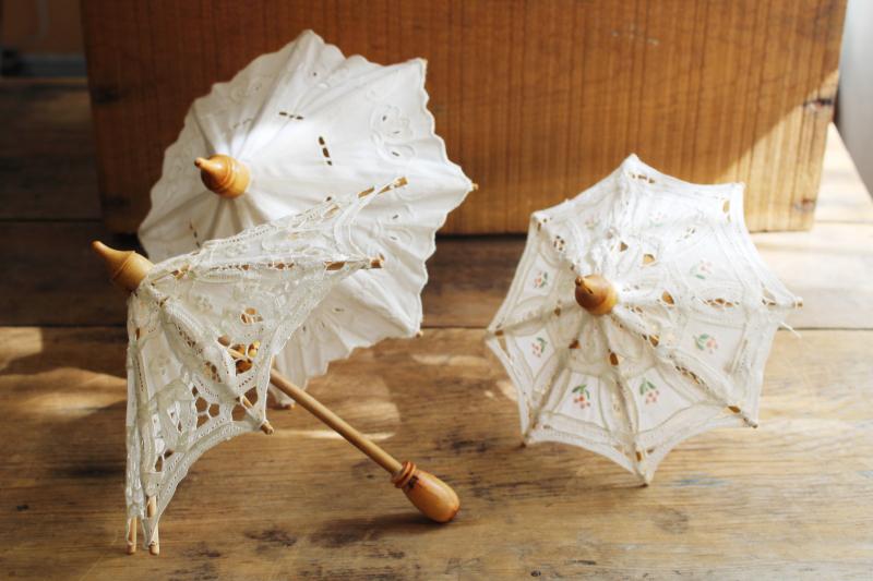 80s vintage cotton lace parasols, doll size working umbrellas, wedding shower decor