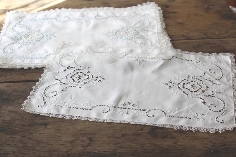 80s vintage cutwork embroidery table linens, cotton place mats & napkins set of 6