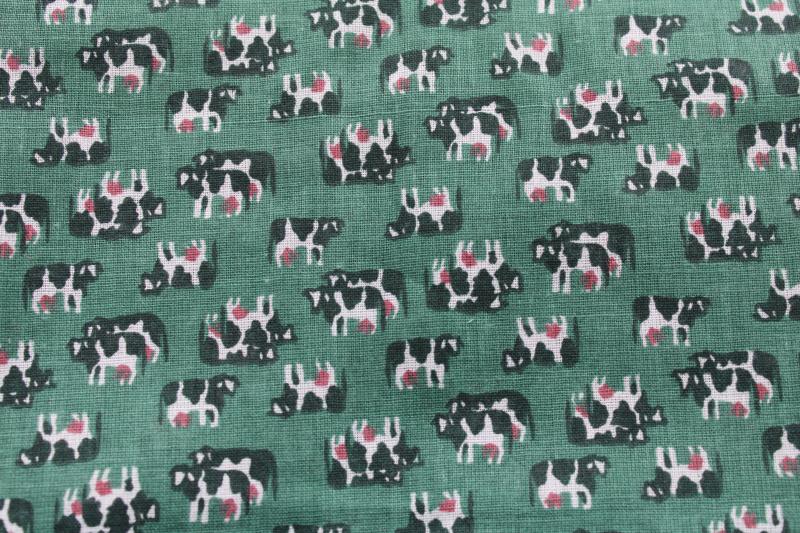 80s vintage fabric, tiny cows black & white holsteins on teal green cotton