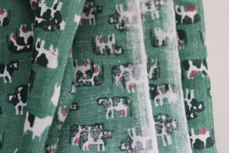 80s vintage fabric, tiny cows black & white holsteins on teal green cotton