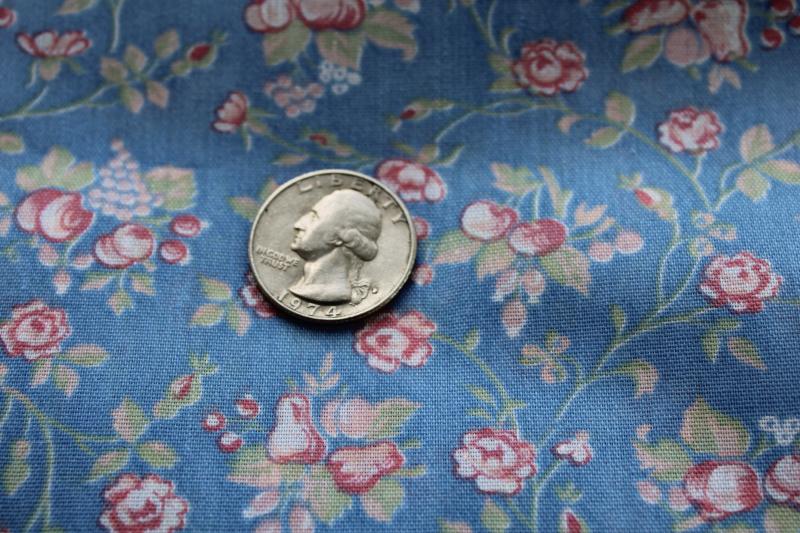 80s vintage floral print fabric, cotton / poly pink roses cherries on blue 