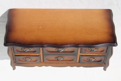 80s vintage jewelry box chest of drawers, velvet lined dresser box for jewelry storage