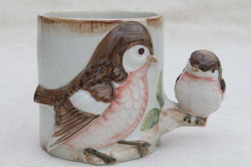 80s vintage mug w/ mother robin & baby bird, figural coffee cup Takahaski Japan