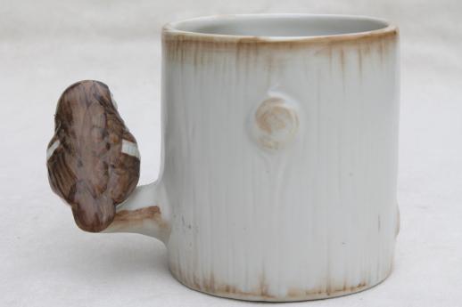80s vintage mug w/ mother robin & baby bird, figural coffee cup Takahaski Japan