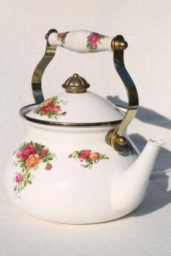 80s vintage porcelain enamel metal tea kettle, Old Country Roses Royal Albert china go-along