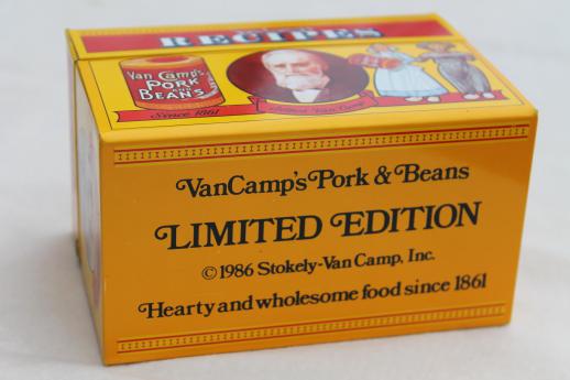 80s vintage recipe card box, Van Camp's beans advertising tin card file for recipes