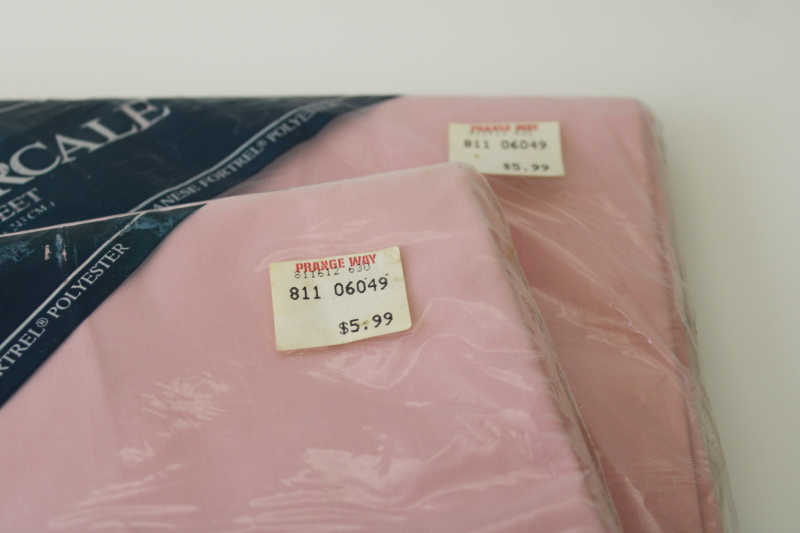 80s vintage rose pink cotton / poly percale bed sheets, pair twin flat new in package