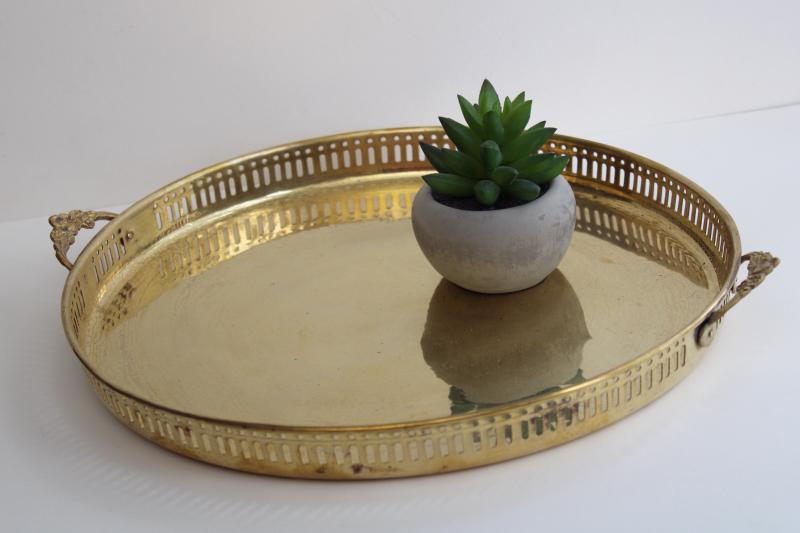 80s vintage solid brass serving tray, round cocktail tray barware drinks