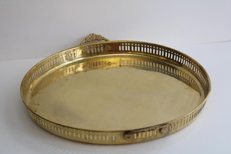 80s vintage solid brass serving tray, round cocktail tray barware drinks