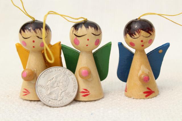 80s vintage tiny wood Christmas ornaments, tree decorations from Taiwan, China, Sweden